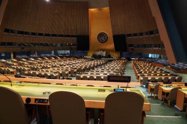 NEW YORK, USA - MAY 25 2018 - United Nations general assembly hall; headquartered in complex designed by architect Oscar Niemeyer open to public clipart
