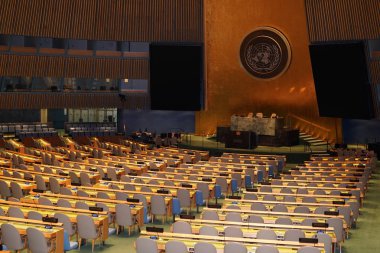 NEW YORK, USA - MAY 25 2018 - United Nations general assembly hall; headquartered in complex designed by architect Oscar Niemeyer open to public clipart