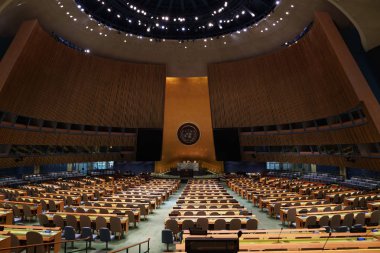 NEW YORK, USA - MAY 25 2018 - United Nations general assembly hall; headquartered in complex designed by architect Oscar Niemeyer open to public clipart