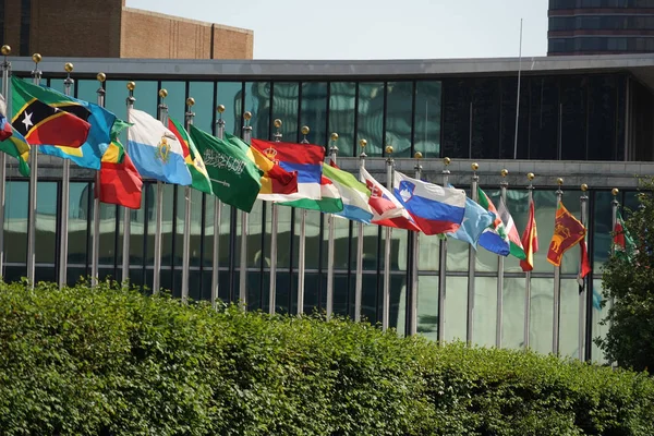 Bandiere Che Sventolano Fuori Dall Edificio Delle Nazioni Unite Manhattan — Foto Stock