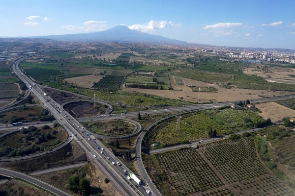 Sicilya Sahil Catania Etna Yanardağı Havadan Görünümü Panorama — Stok fotoğraf