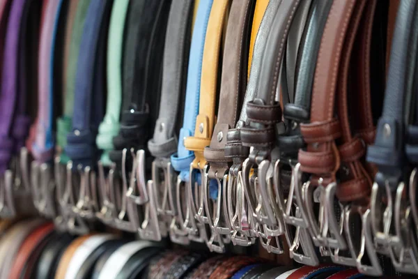 Different Colors Leather Belt Display Market Sale — Stock Photo, Image
