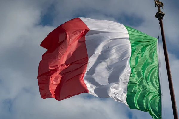 Waving Italian Three Colors Flag Italy Blue Sky Background — Stock Photo, Image
