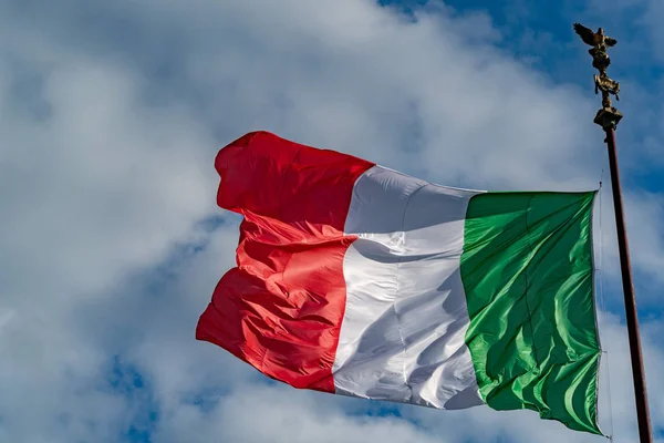 Waving Italian Three Colors Flag Italy Blue Sky Background — Stock Photo, Image