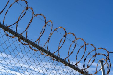 Mavi gökyüzü arka planında dikenli tel çit