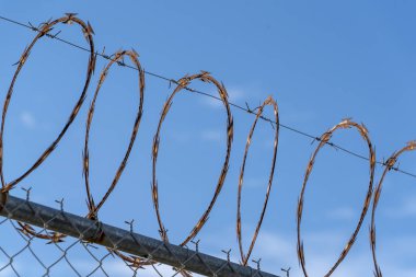Mavi gökyüzü arka planında dikenli tel çit