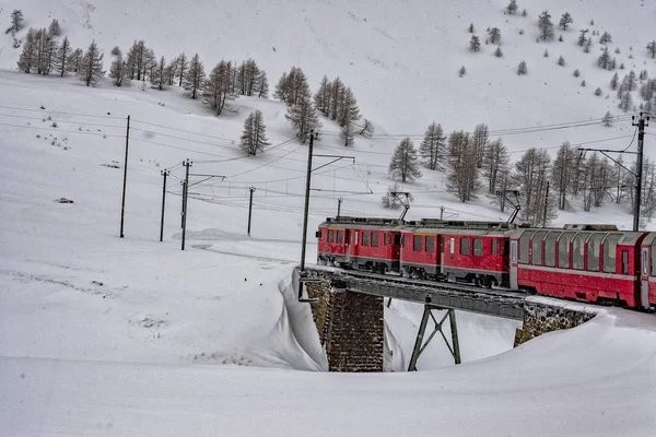 Röda Tåget Körs Snön Schweiziska Alperna Vinter — Stockfoto