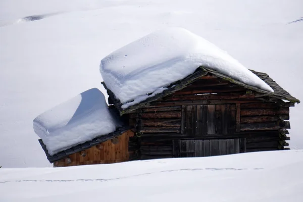 Geïsoleerde Houten Huis Cabine Berghut Vallende Sneeuw — Stockfoto