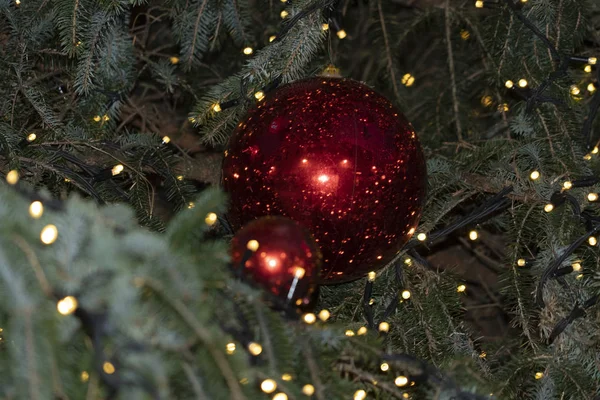 Rua Natal Árvore Decorações Luzes Vermelho Xmas Bolas — Fotografia de Stock