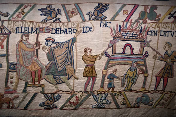 Bayeux Medieval Tapiz Batalla Inglaterra Francia Detalle Cerca —  Fotos de Stock