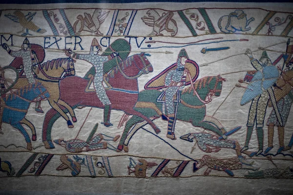 Bayeux Medieval Tapiz Batalla Inglaterra Francia Detalle Cerca —  Fotos de Stock