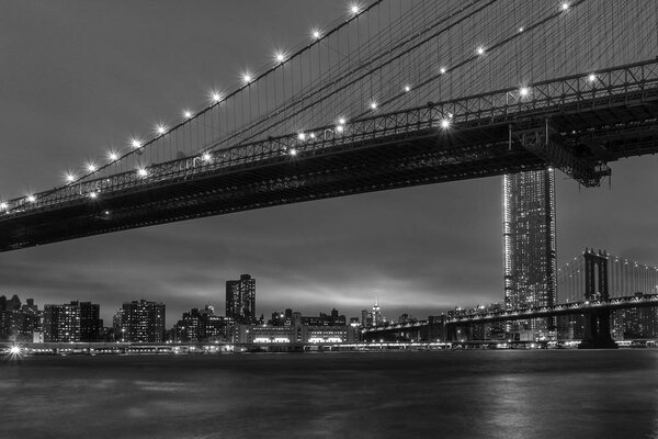B&w new york manhattan bridge night view from brooklyn dumbo