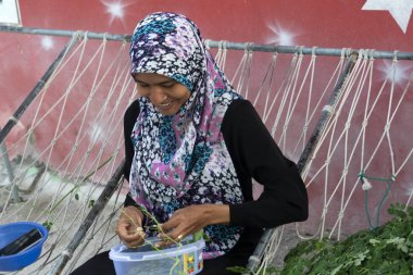 Guraidhoo, Maldivler - Mart, 4 2017 - insanlar çalışmak ve küçük köy sokak yürüyüş