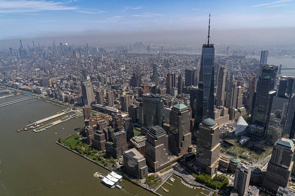 New york city down manhattan aerial view from helicopter