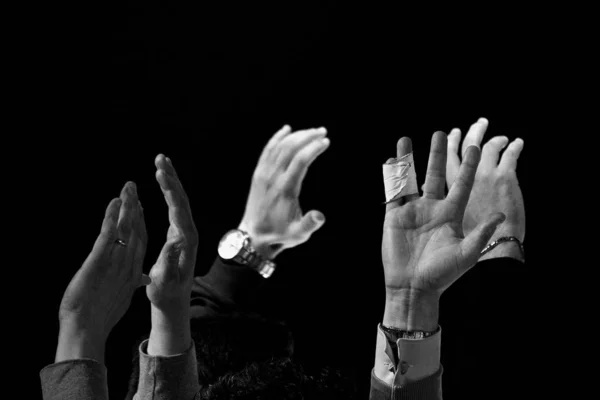 Stop halt raised hands in black and white — стоковое фото