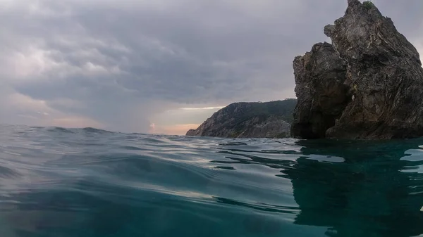 Monterosso Cinque Terre Panorama Skała Zachodzie Słońca Morza Podczas Nurkowania — Zdjęcie stockowe