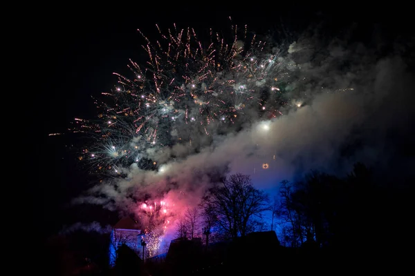 Ljubljana Kaste Gelukkig Nieuwjaar Vuurwerk Kerstmis — Stockfoto