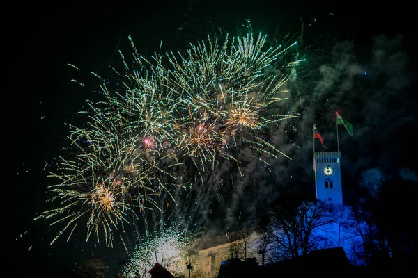 Casta Ljubljana Novos Fogos Artifício Feliz Ano Após Xmas — Fotografia de Stock