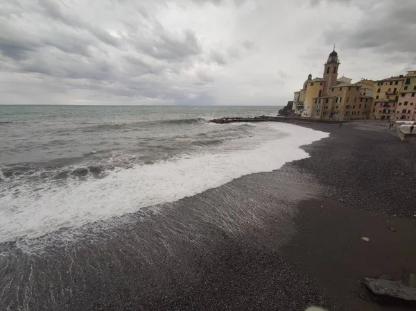 Zeestorm Camogli Ligurië Italië Pittoresk Vissersdorp — Stockfoto