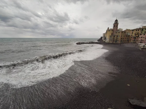 Zeestorm Camogli Ligurië Italië Pittoresk Vissersdorp — Stockfoto