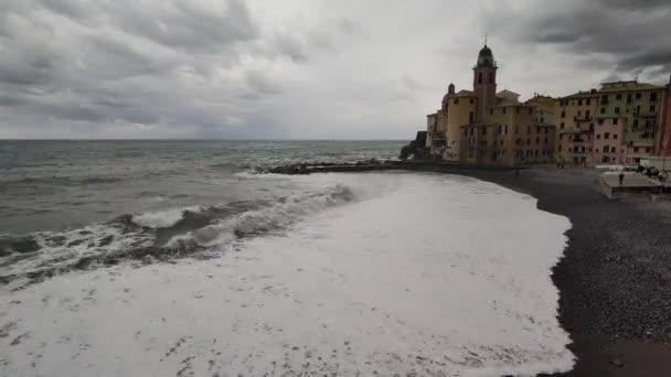 Tempesta Mare Camogli Liguria Italia Pittoresco Villaggio Pescatori — Video Stock