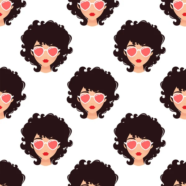 Curly Girl Sunglasses Cartoon Vector Pattern — Stock Vector