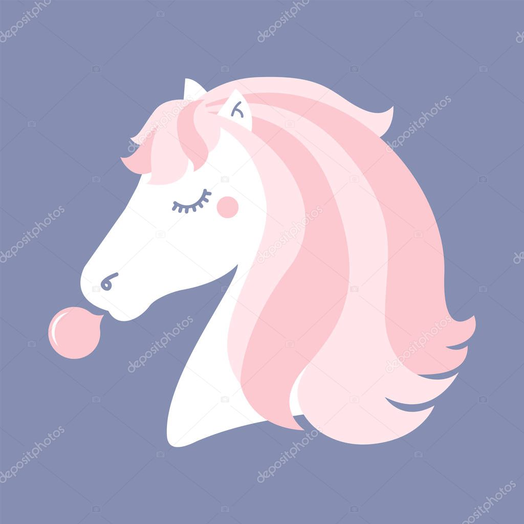 Pony blowing chewing gum. Vector illustration