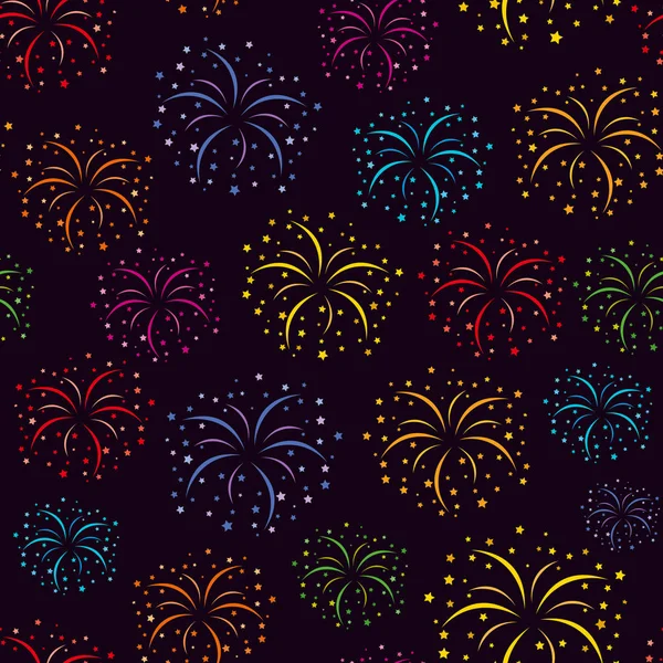 Fireworks Seamless Vector Pattern Black Background — Stock Vector