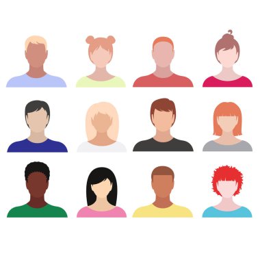 On iki farklı insanlar avatar portreler koleksiyonu. Erkek ve kadın düz stil