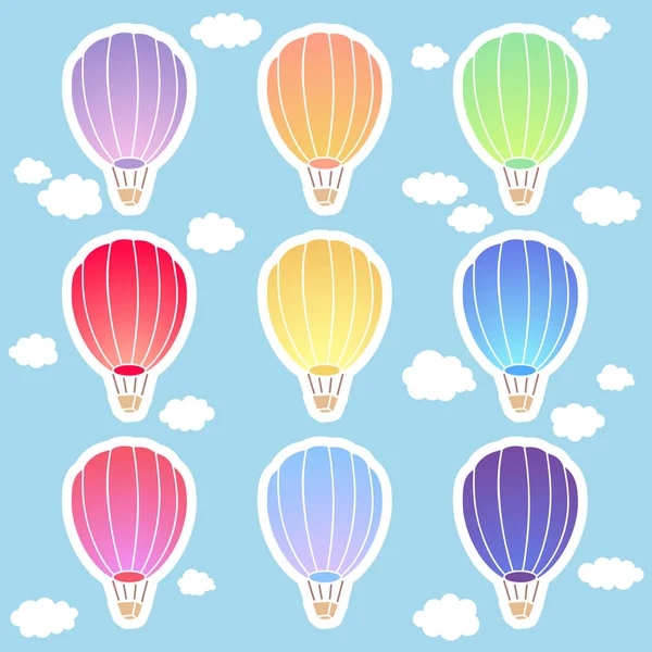 Air Balloon Sticker Set Blue Background Clouds Vector Illustration — Stock Vector