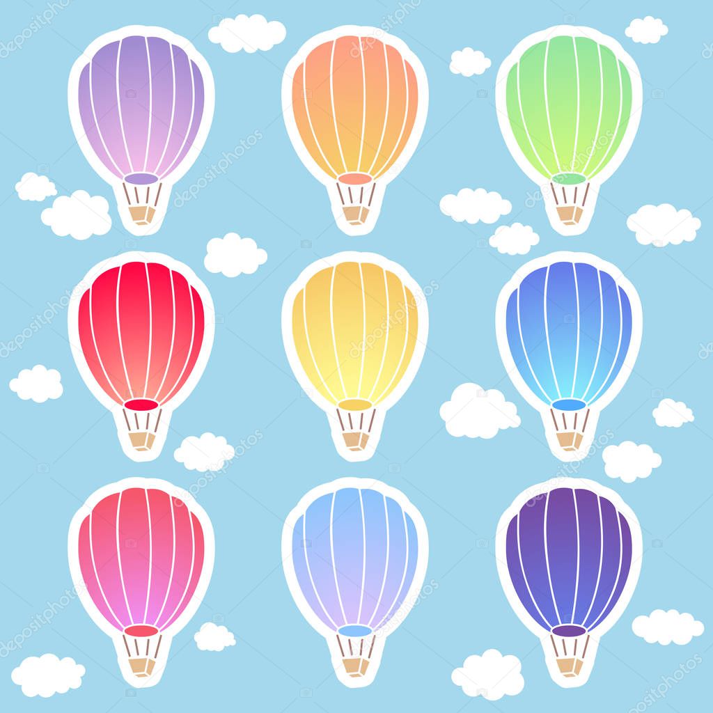 Air balloon sticker set on blue background with clouds. Vector illustration