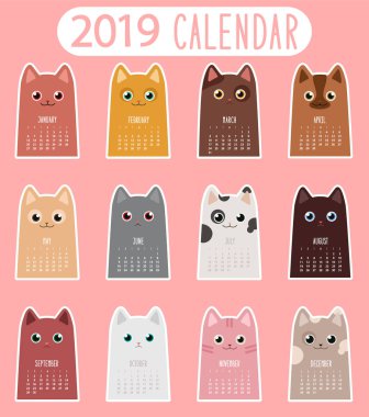 Kediler. 2019 takvim şablonu. Vektör Etiketler