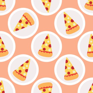 Pizza dilim beyaz tabakta. Sorunsuz vektör desen