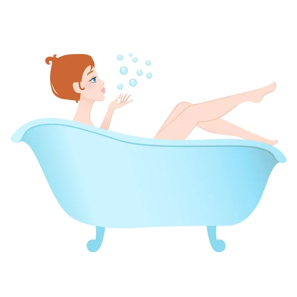 Young Woman Taking Bath Cartoon Vector Illustration — Stock Vector