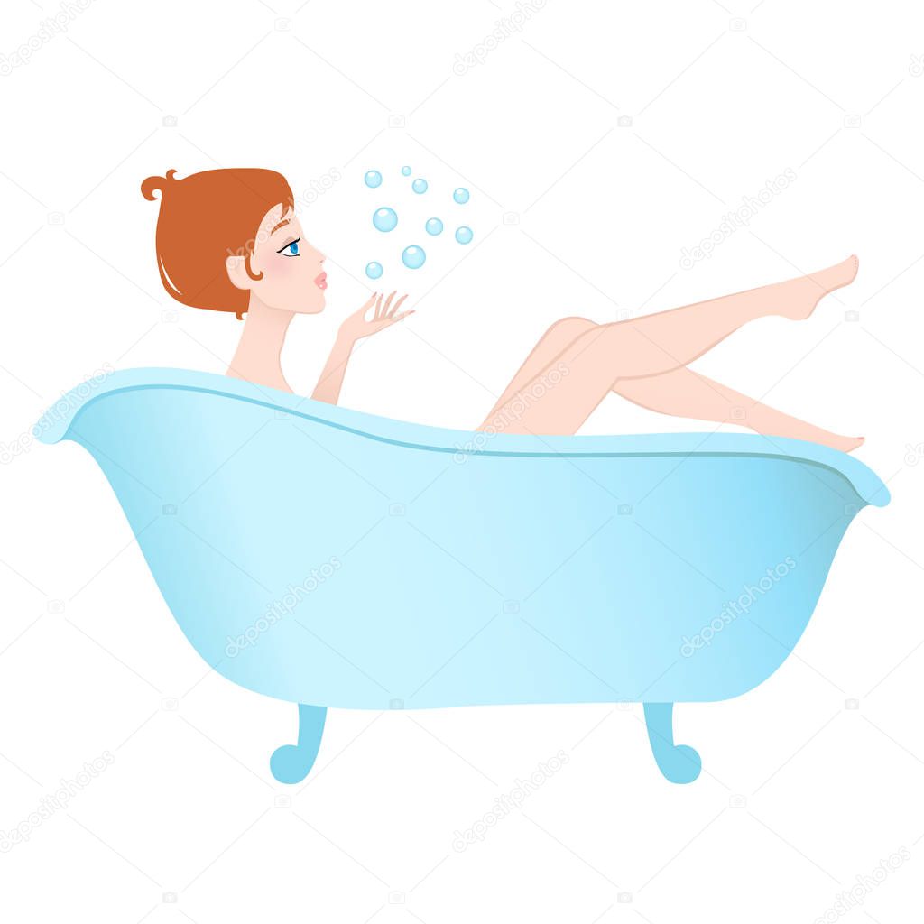Young woman taking bath. Cartoon vector illustration