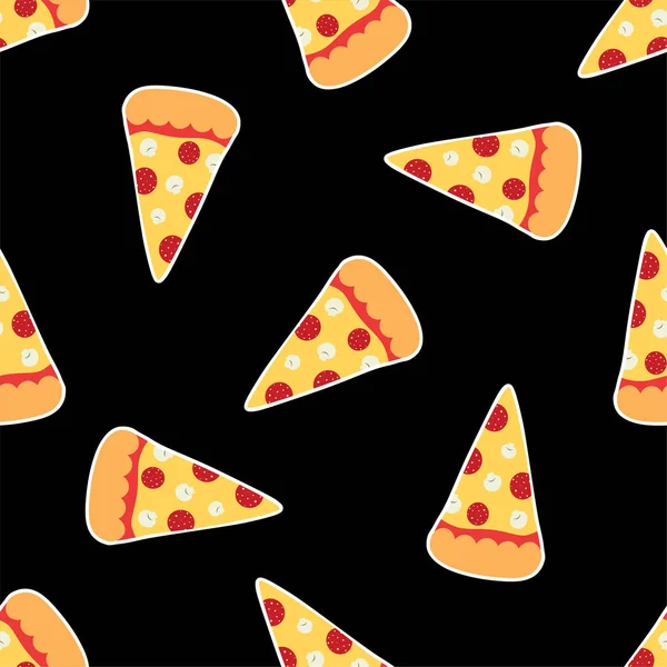 Kreslený Pizzu Černém Pozadí Bezešvá Vektorová Vzor — Stockový vektor