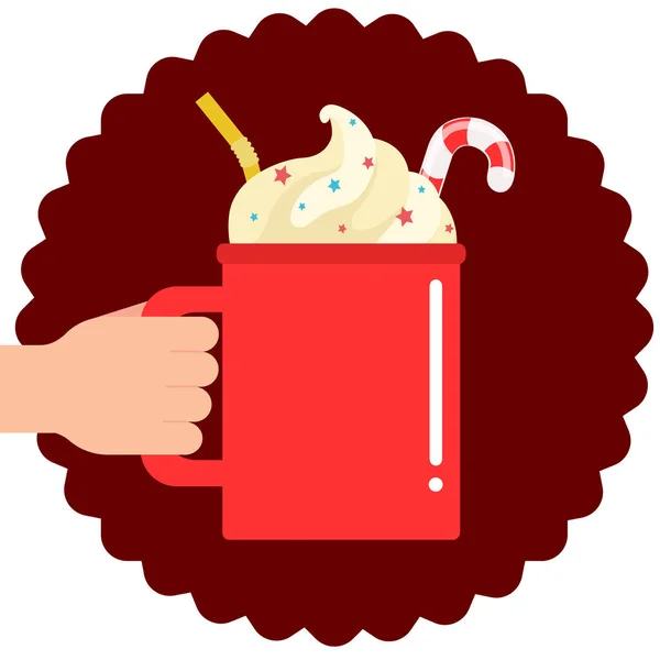 Taza Roja Bebida Caliente Con Crema Batida Ilustración Vectorial — Vector de stock