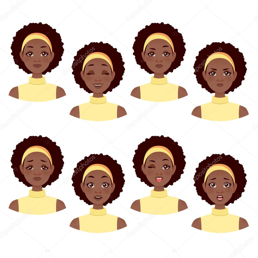 Black girl face emotions expression. Vector set
