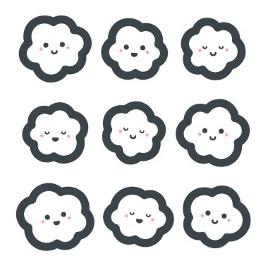 Sevimli çizgi bulutlar ayarlayın. Beyaz arka plan üzerinde vektör çizim