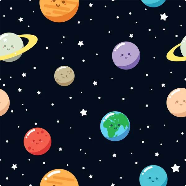 Cute Planets Seamless Vector Pattern Cartoon Style — Stock Vector