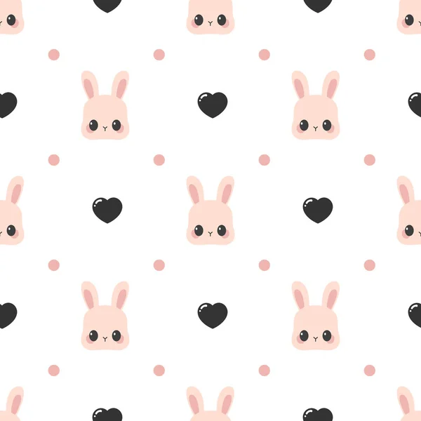 Cute Rabbit Face Pattern Dots Hearts Vector Seamless Background — Stock Vector