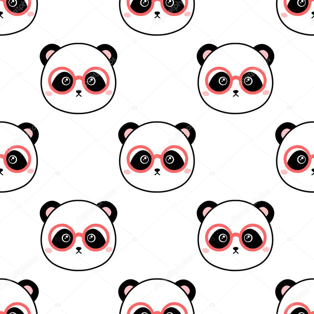 Cartoon panda with glasses. Seamless vector pattern