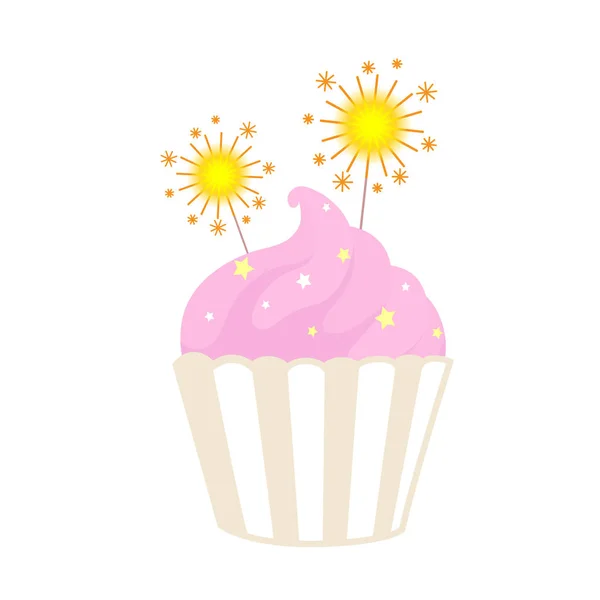 Cupcake Com Sparkler Desenhos Animados Ilustração Vetorial Estilo Plano Feliz —  Vetores de Stock