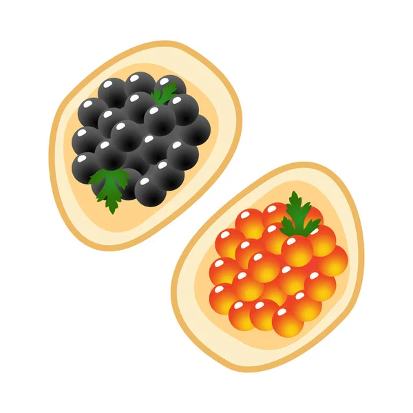 Caviar rouge et noir sur un morceau de pain — Image vectorielle