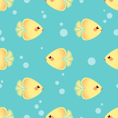 Mavi denizde yüzen sevimli balıklarla kusursuz vektör deseni