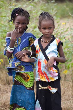 Senegal, Ferlo rezervi, 2 Kasım 2013: okula giderken geleneksel kıyafetli genç kızlar.