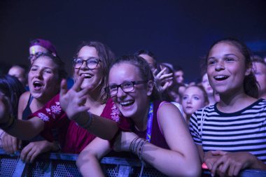 Nyon, İsviçre - 18 Temmuz 2017: Paleo Festivali'nde Fransız elektronik müzisyeni Petit Biscuit'in konserinde genç hayranların dinleyicileri