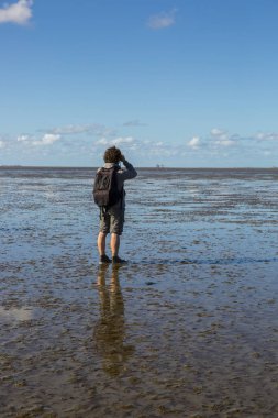 Bir adam çamur yürüyüş ve vieuw, Waddenzee, Friesland, Hollanda bakarak düşük gelgit suda Deniz manzara