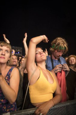 Nyon, İsviçre - 19 Temmuz 2017: Kanadalı rock grubu Arcade Fire'ın Paleo Festivali konserinde tezahürat ve dans dinleyicileri