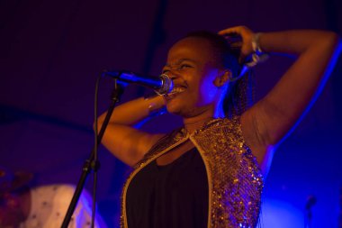 Traena, Norveç - 11 Temmuz 2014: Norveçli elektronik soul şarkıcısı Nosizwe'nin Traenafestival'deki konserinde, traena adasında düzenlenen müzik festivali